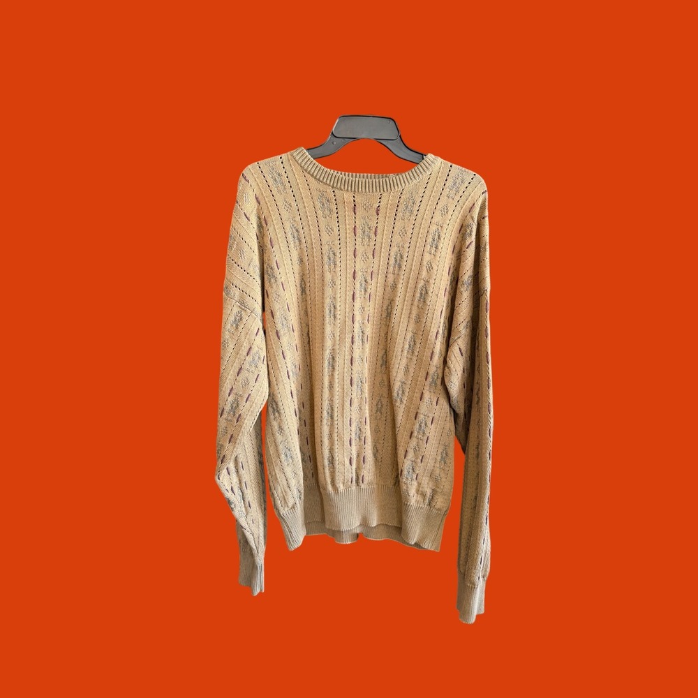 Vintage Claiborne Men Large Tan Cotton Knit Sweater Made in Australia 90s Boxy